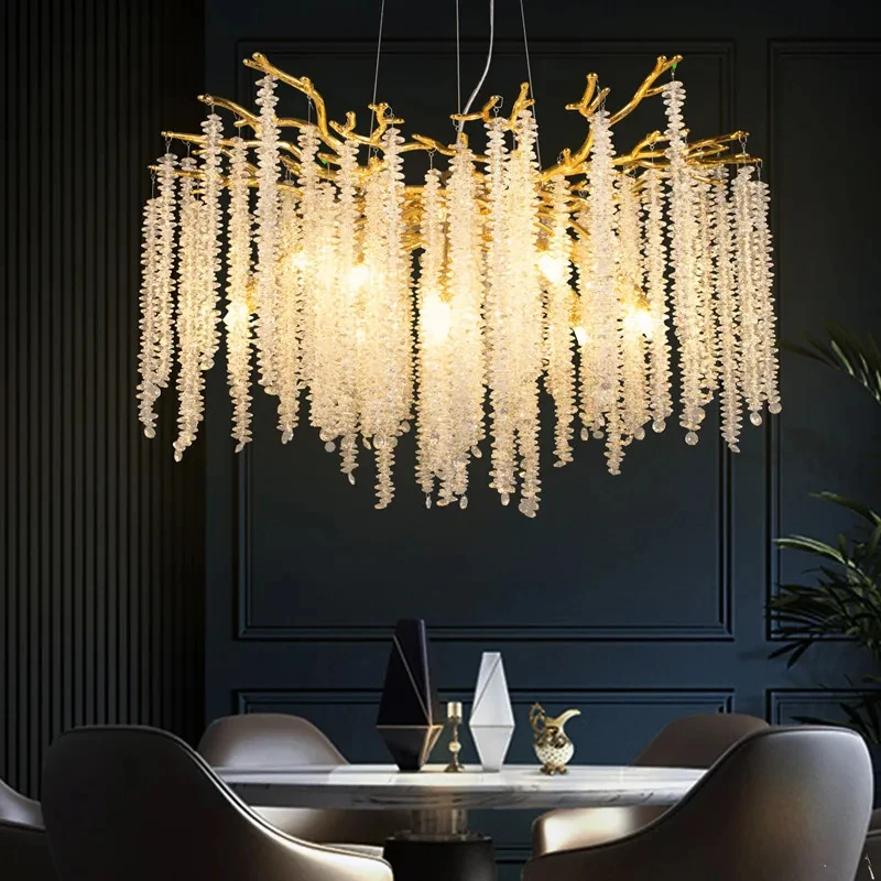 

Gold Branch Lighting Chandelier with Tassel Crystals LED Ceiling Hanging Light Fixture for Living Room Kitchen Crystal Lamps