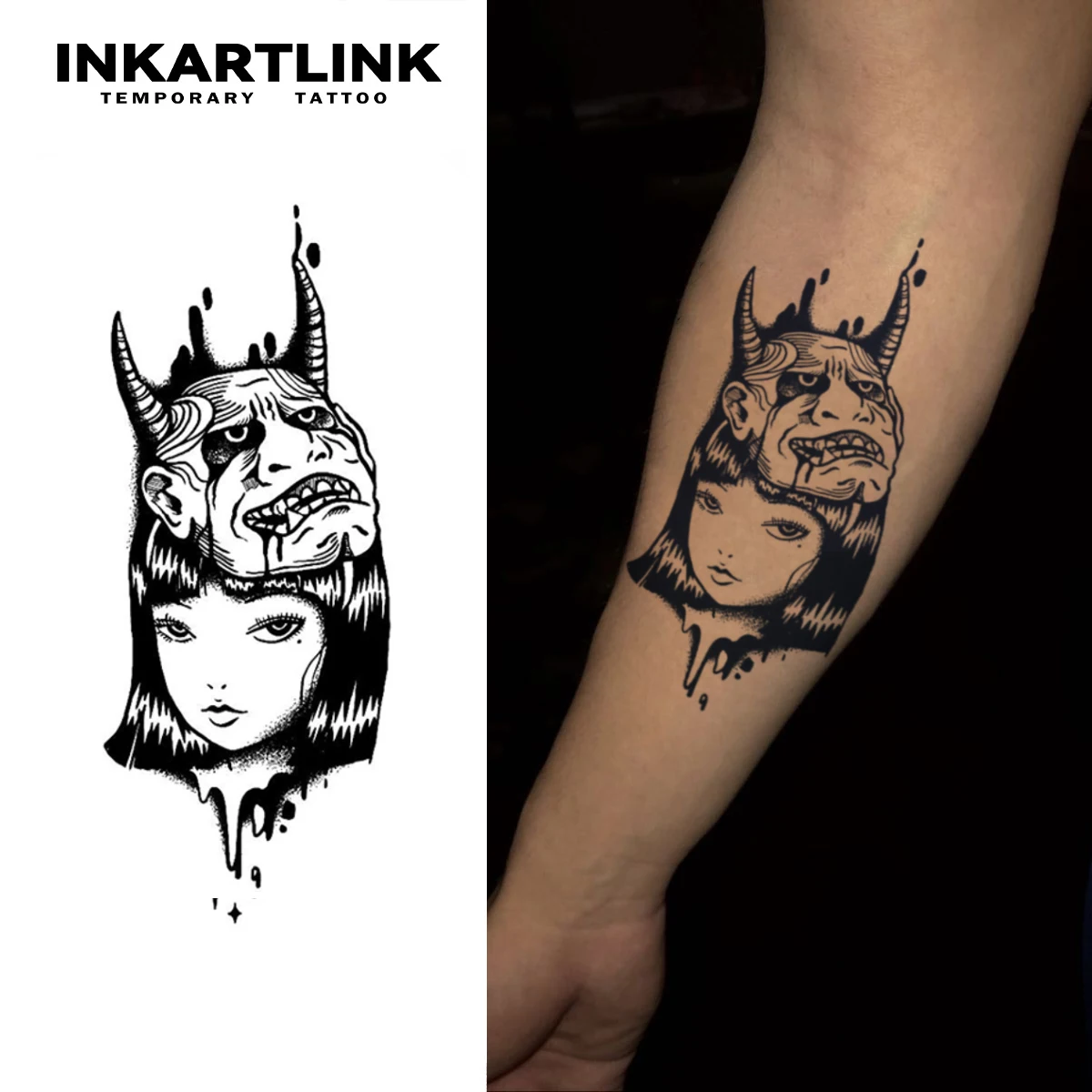 

INKARTLINK призрачное лицо девушка татуировка патч 1-2 недели долговечная капающая крови рог темный ветер водостойкая временная татуировка