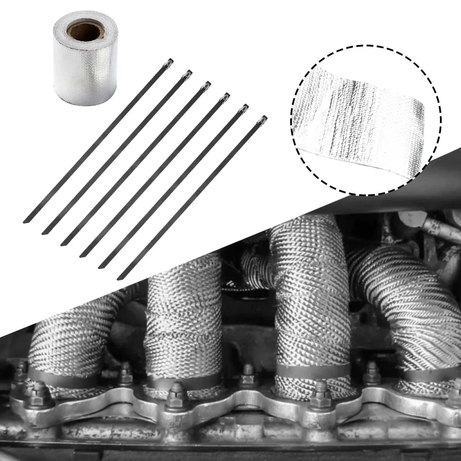 1pcs Car Exhaust Manifolds Heat Wrap Tape Thermal Wrap Silver 5M X 5CM With 6pc Zip Ties Practical Maintenance Auto Accessories