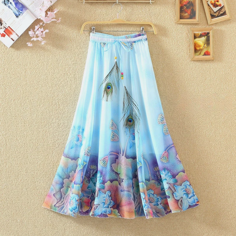 2024 Summer New Printed Chiffon Long Skirt for Women High Waisted Elastic A-Line Large Swing Beach Skirt