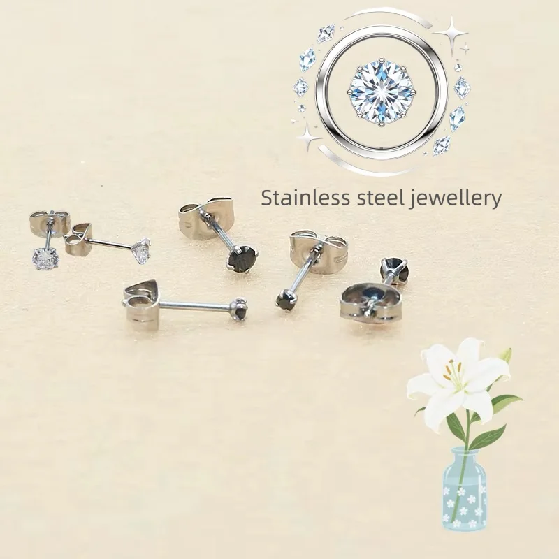 Mini Stainless Steel Cubic Black Zirconia Ear Studs Needle Hypoallergenic Push Back Earrings Cross-Border Best Seller