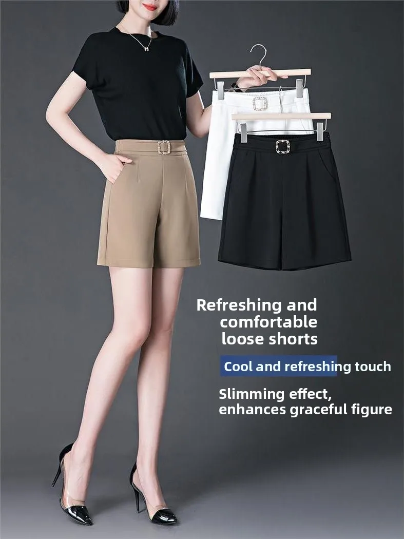 Summer Ice Silk Thin Five-Quarter Pants Women's Loose Comfortable Short Shorts Casual Trousers High Waist Flattering Slimming