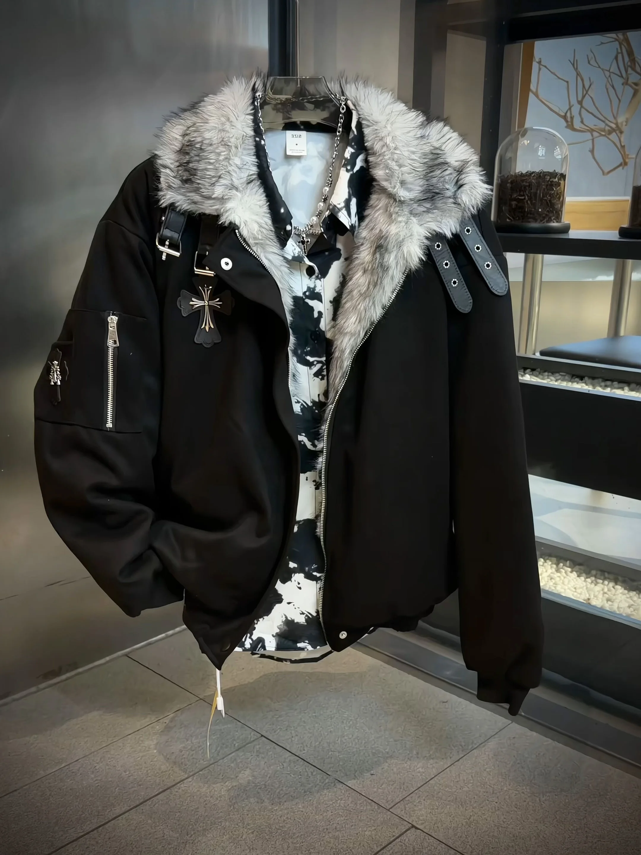 

Bla Faux Fur Collar Jaet Men's Winter Thiened Cotton Coat Eagle Sitting on Mountain American High Street Cool Jaet