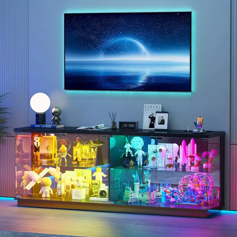 59 W RGB Display Cabinet with Glass Doors and Charging Station White