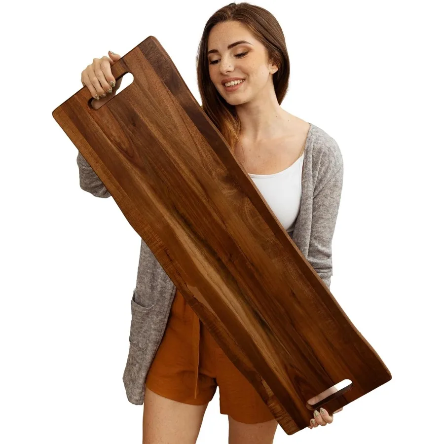 

Large Acacia Serving Board with Handles 36 x 12 Inch Rectangular Charcuterie Platter Natural Wood Server for Meat Cheese Board