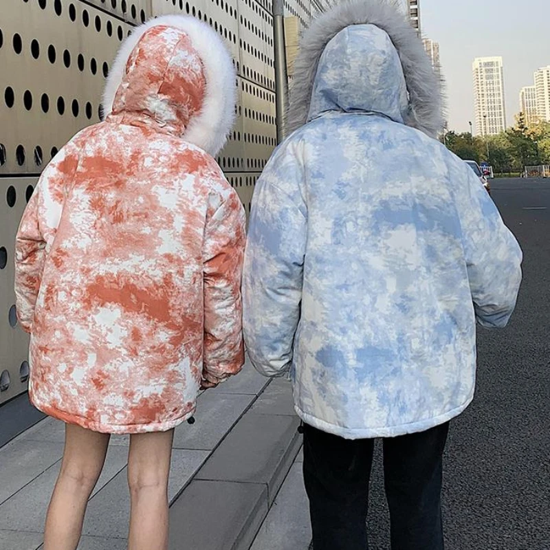 Parkas Men Unisex All-match Warm Winter Tie-dye Korean Style High Street Stylish Advanced Hooded Couple Clothing Popular Daily