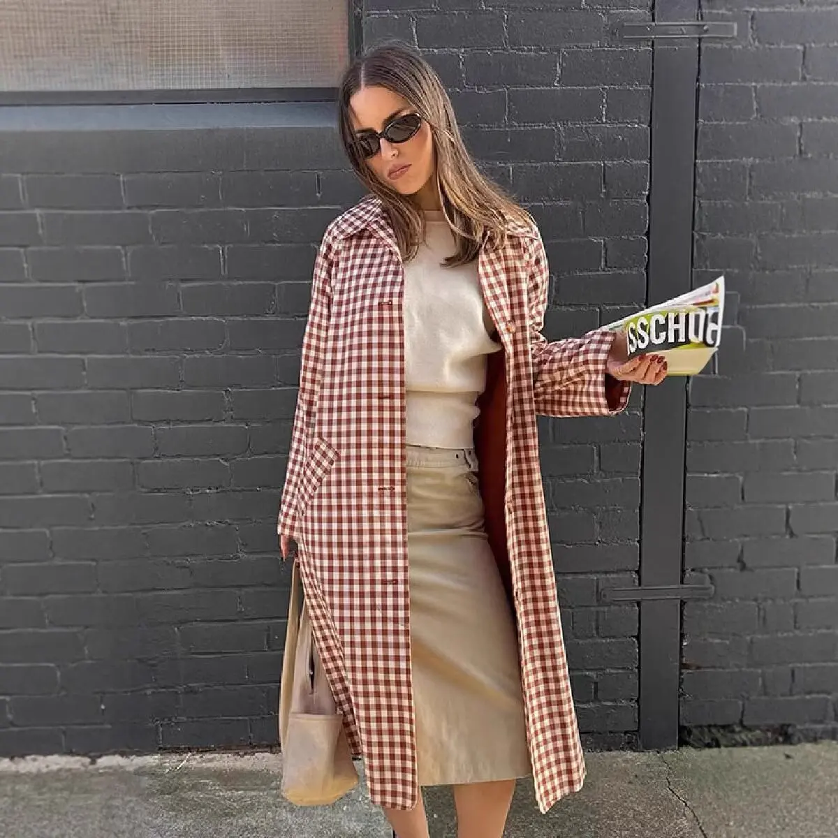 Lapel Collar Gingham Plaid Long Wind Coat Single Breasted Buttons Loose Raglan Sleeve Side Pocket Women Casual Outerwear 260602
