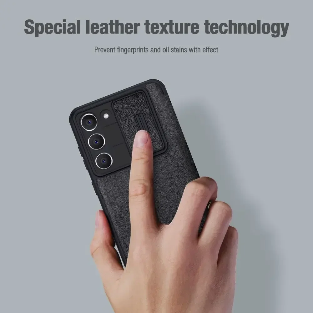Nillkin Leather Case for Samsung Galaxy S23 Plus, Plain Leather, Cloth, Lens Protection, Card Slot Back Cover For Samsung S23+