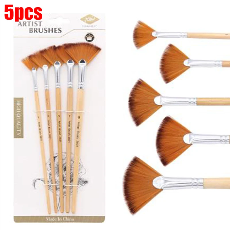 【C】5pcs Fan Shape Gouache Painting Pen Nylon Hair Paint Brush Drawing Art Supplies