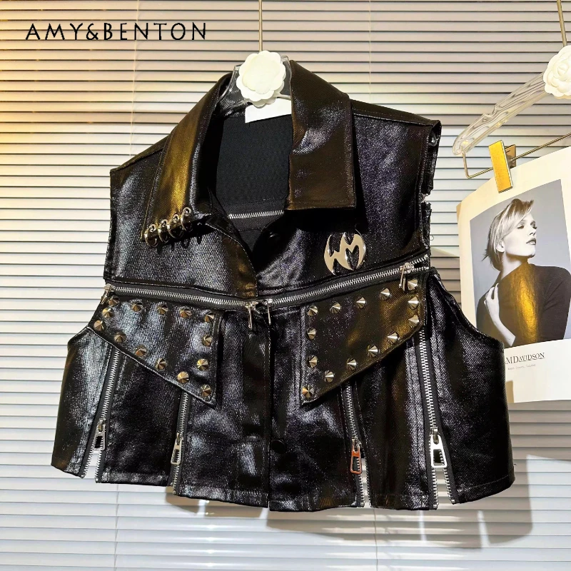 

Original Design Dark Punk Style Sweet Cool Women's Short Jacket 2025 Autumn New Rivet Multi-Zipper PU Leather Waistcoat Ladies