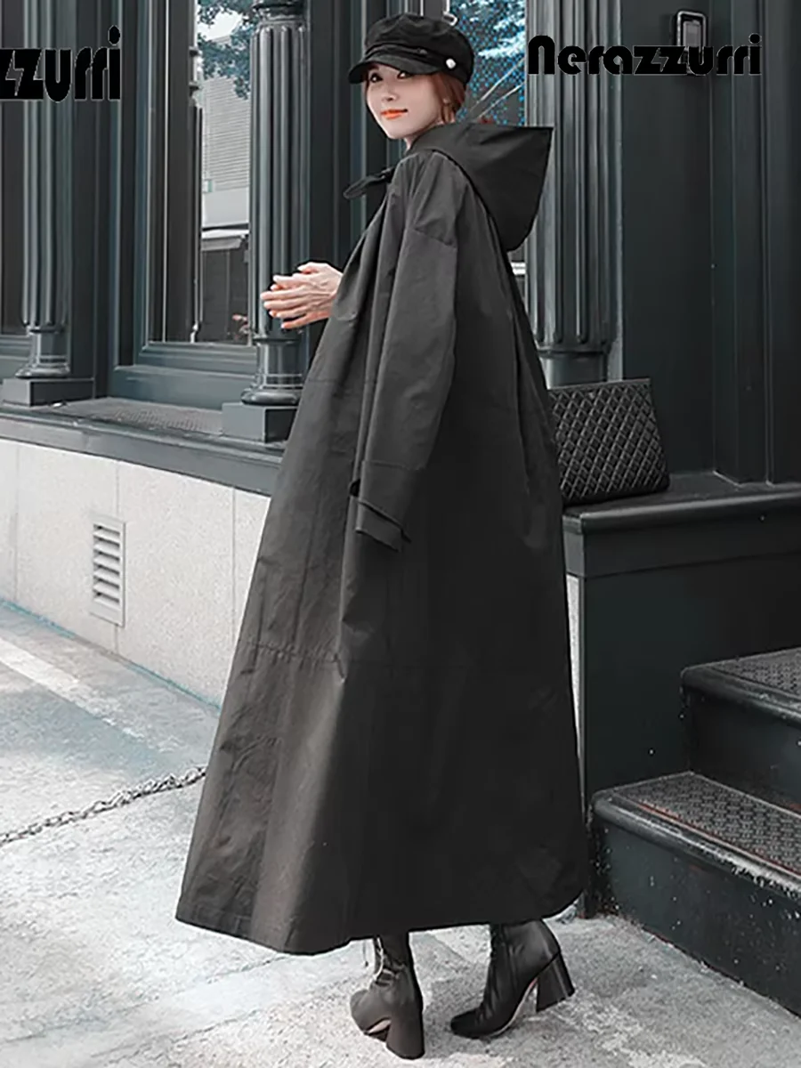 Nerazzurri Spring Autumn Long Black Waterproof Raincoat Coat for Women with Hood Long Sleeve Spring Loose Designer Clothes 2025