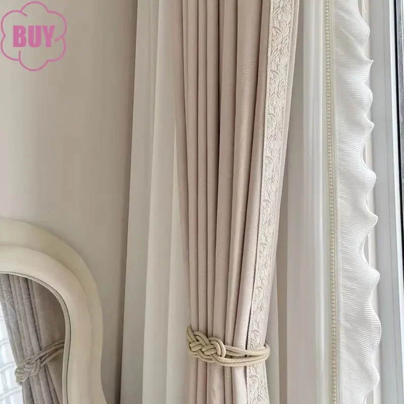 1PC French Curtains for Living Dining Room Bedroom Cream Cured Embossed Chenille Texture Thick Window White Tulle Sheer Curtain