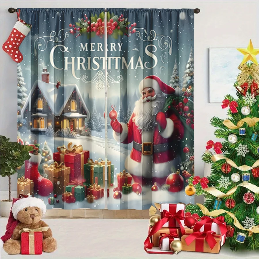 2PCS Blue Santa Claus Christmas Print Curtains, Winter Cottage House Gift Box Window Drapes for Xmas Holiday Bedroom Decor