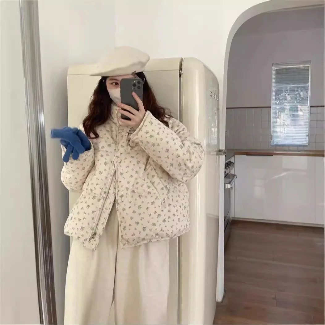 Impressão feminina parkas manga longa gola parka zíper casacos outerwear básico 2025 inverno bolsos casuais solto emendado