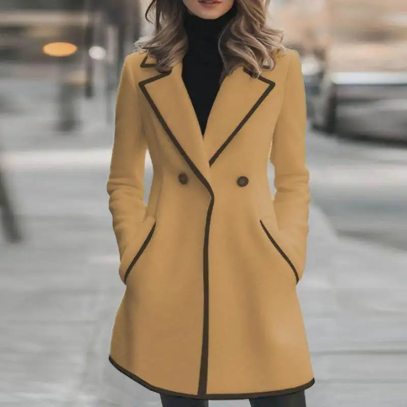 

Elegant Woolen Coat Autumn Winter Mid-Length Slimming Outerwear for Women Stylish PU Material Medium Thickness Long Sleeve