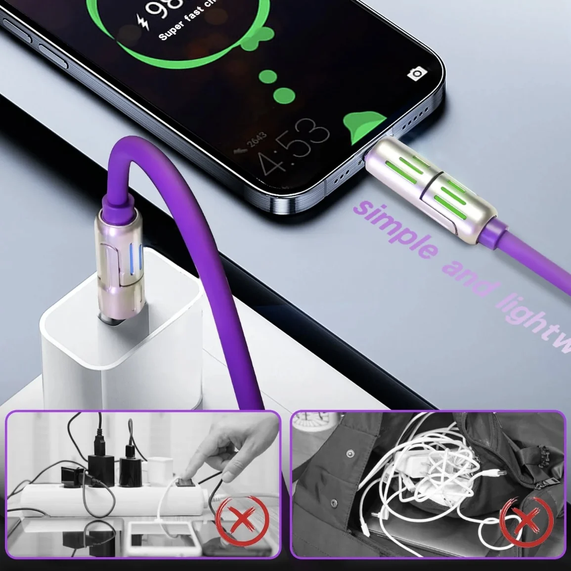 240W 4-in-1 USB Type C Silicone Fast Charging Cable, For iPhone/Huawei/Samsung/Xiaomi, Durable Type-C To USB A Cable