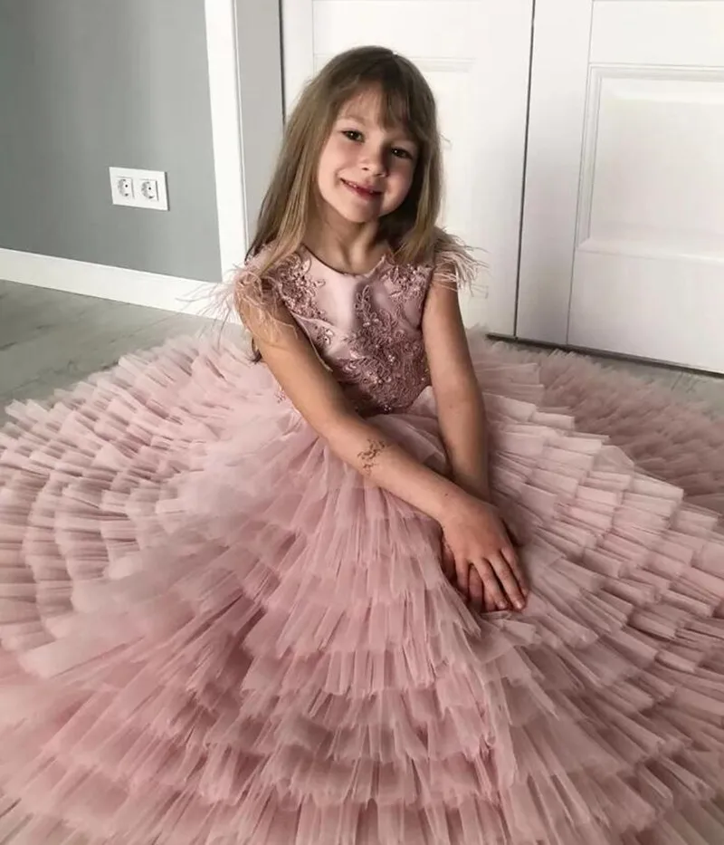 

New Dusty Pink Flower Girl Dress O Neck A Line Children Wedding Party Gown Princess Birthday Dresses Custom Made 10 12 14Y