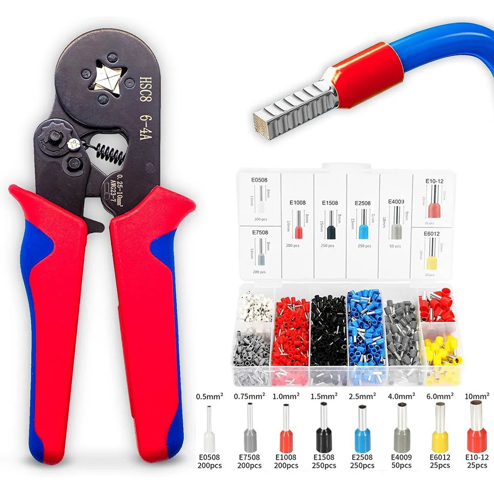 HSC8 6-4A Crimping Plier,Wire Ferrules Connectors,1200pcs Ferrule Wire End-Sleeves,Terminals Cable Crimping Tools for 0.25-10mm²