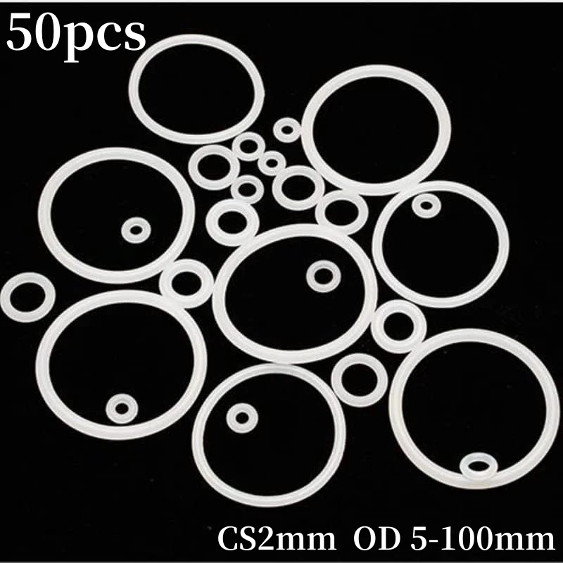 50pcs VMQ O Ring Thickness CS 2mm White Rubber Seal Rings OD 5-100mm Heat-Resistant Food Grade Silicone O-Ring