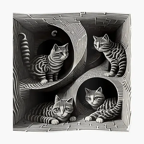 Cats Trapped In An Mc Escher Painting  Poster Modern Funny Mural Print Wall Painting Vintage Home Room Decoration No Frame