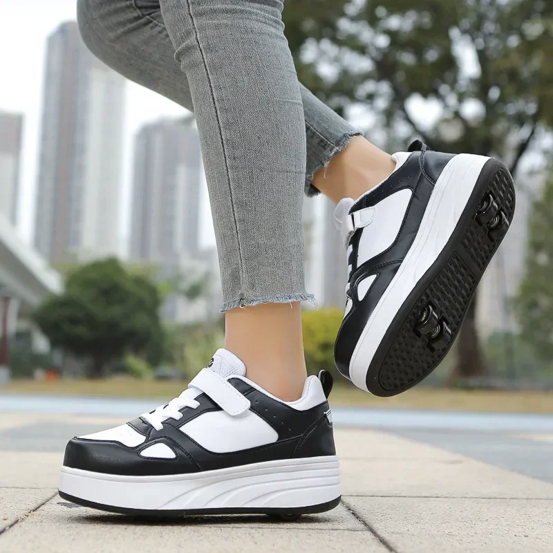 New Four Wheels Women & Girls PU Leather Children Roller Shoes Fashion Boys Sneakers Breathable Kids Skates Size 30-40 image 5