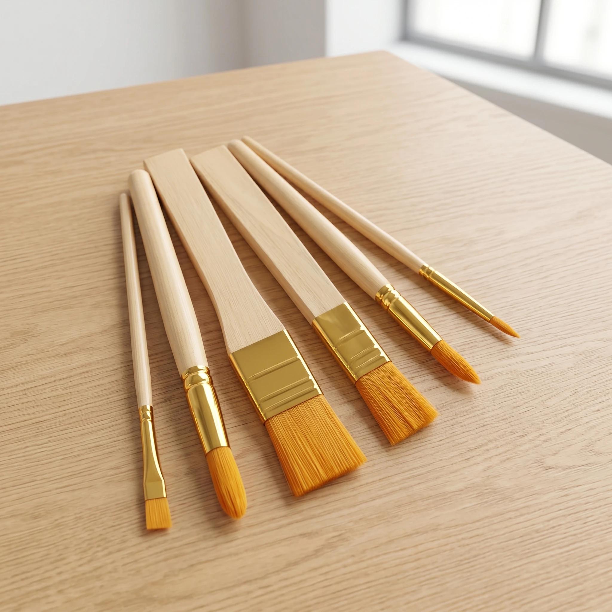 6Pcs Nylon Paint Brush Set, Ergonomic Wood Handle, Flat Pointed Tip Brushes for Oil Acrylic Watercolor Art Painting