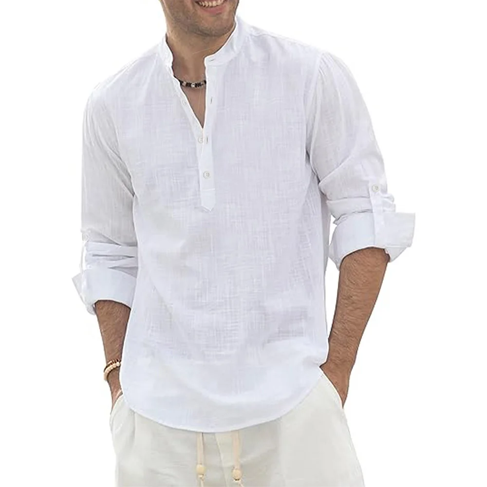 Polo de manga larga de lino y algodón para hombre, camiseta ligera con cuello Henley, estilo playero hawaiano, camisetas de Color sólido, camiseta de vacaciones