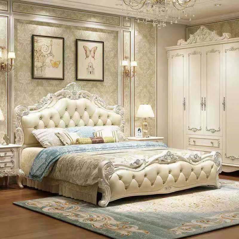 

*d forLuxurious Cream Leather Convertible King Size Bed Intricate Carvings Tufted Design Modern Royal Bedroom Up-Holstered*