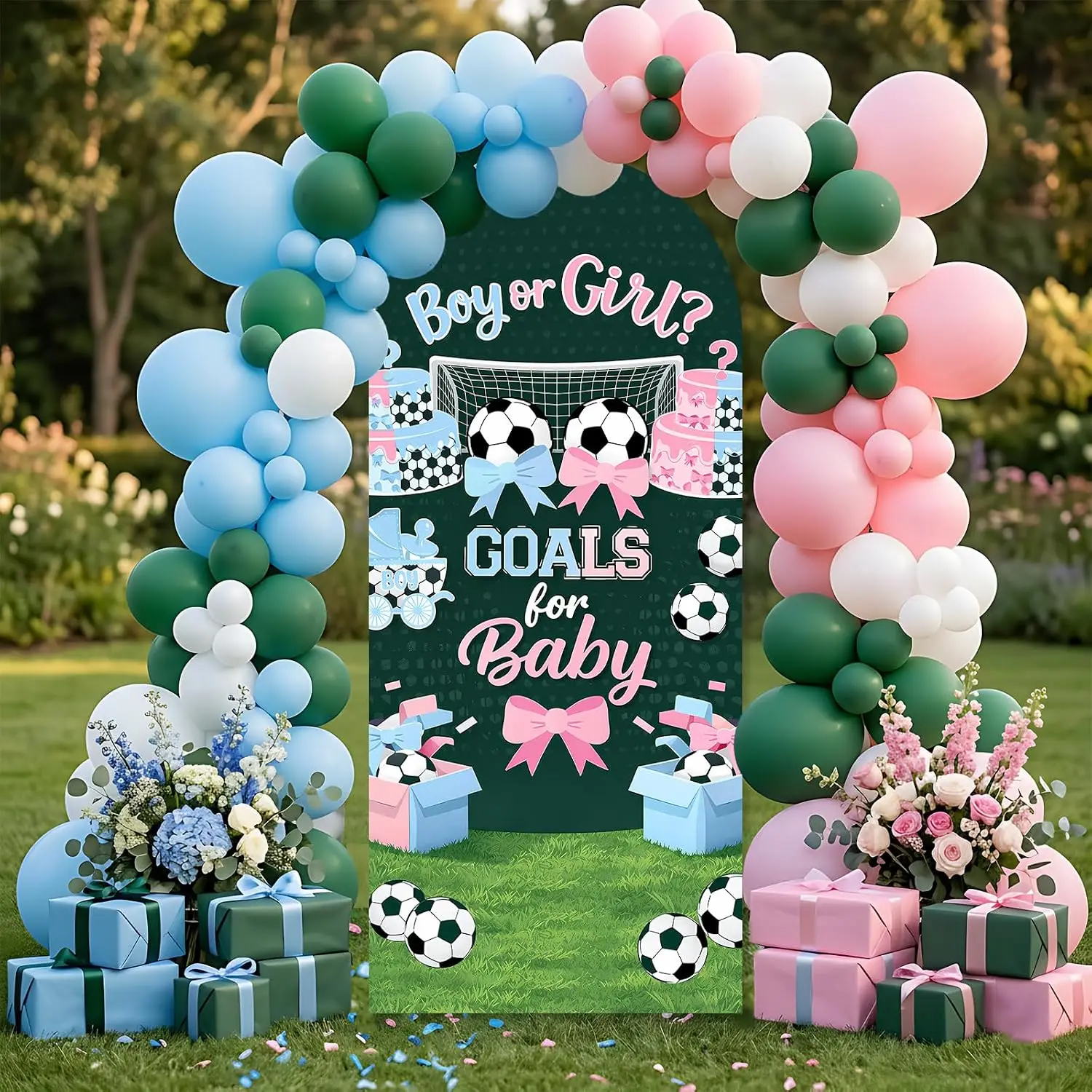 Custom 2-sided Soccer Gender Reveal Party Arch Backdrop Cover Boy or Girl Goals or Bows Background Football Baby Shower Supplies