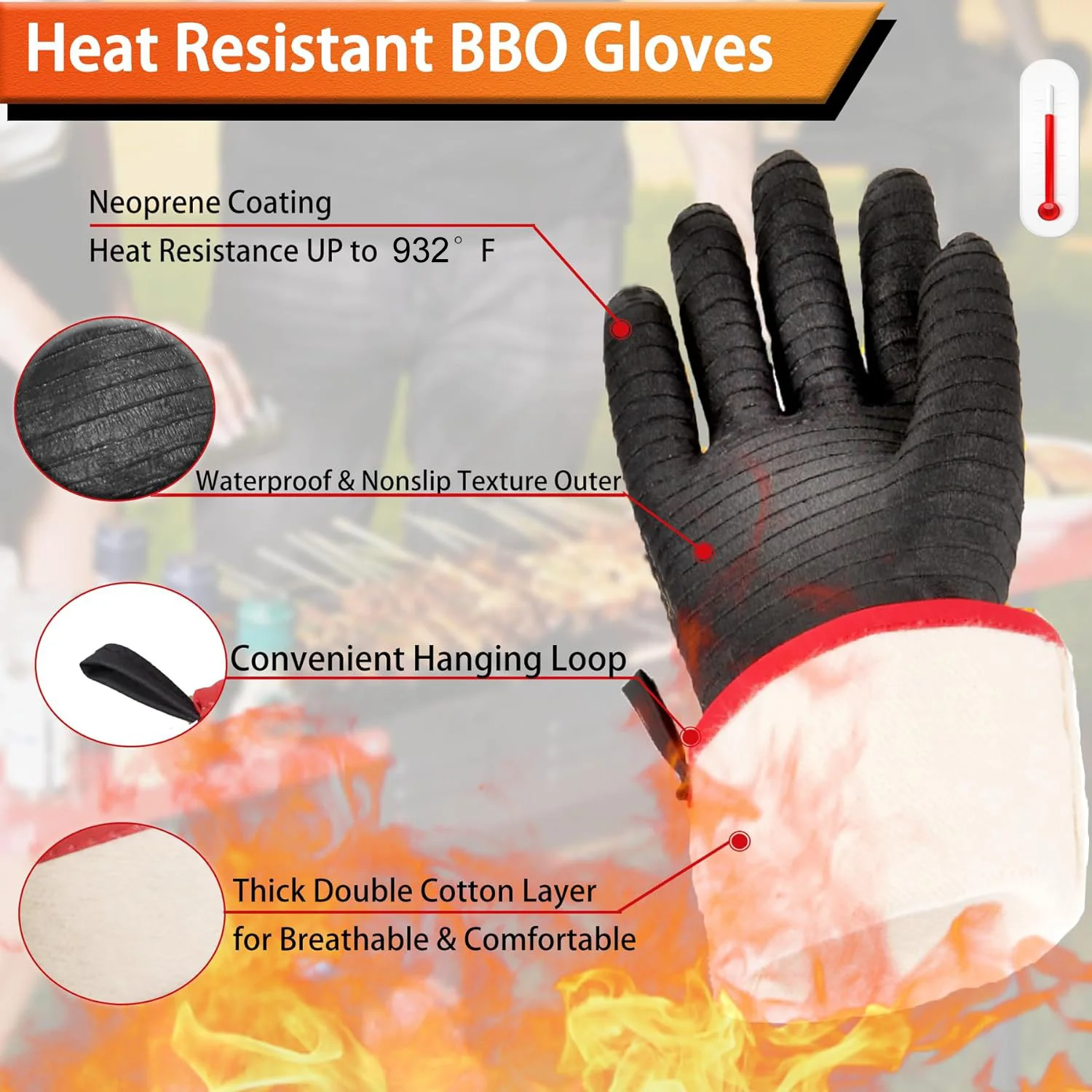 Heat Resistant Gloves for Grill BBQ, Waterproof Long Sleeve Pit Grill Gloves for Fryer, Baking, Oven,Smoker,Fireproof