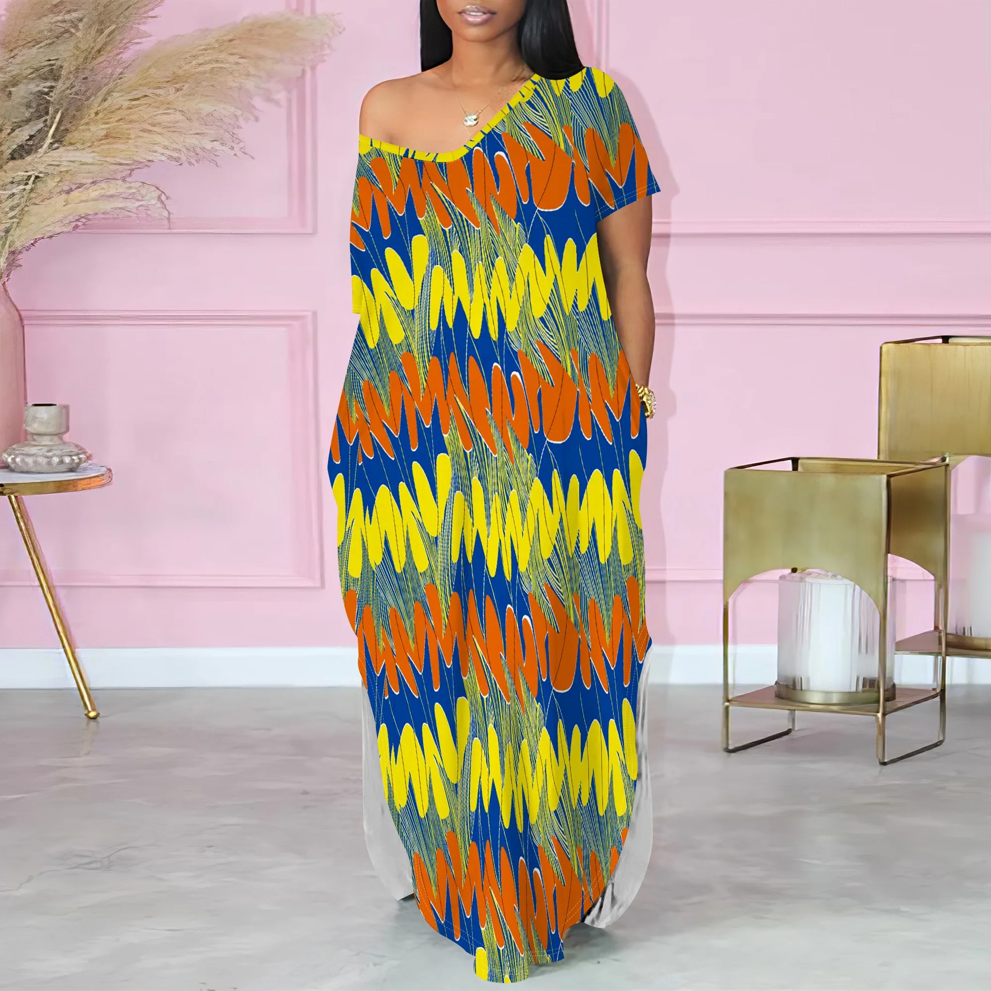 

Women's Summer Fashion Printed Short-Sleeved One-Shoulder V Neck for Women Loose Two-side Slits Casual Maxi Dress With Pocket