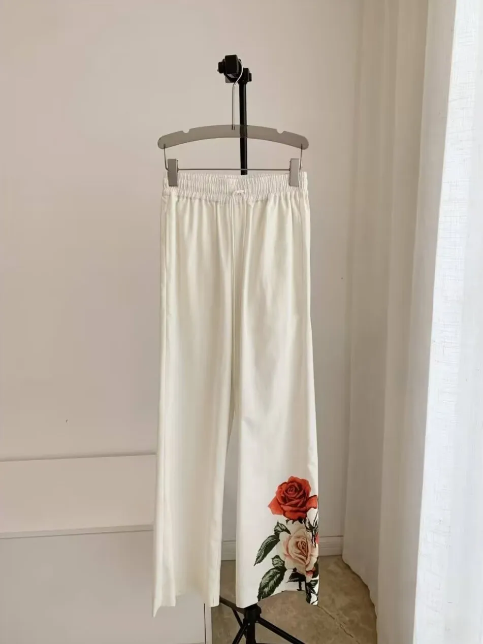 Women Floral Print Casual Set Lace-up Turn-down Collar Short Sleeve Shirt tops + Elastic Waist Straight Wide Leg Pants