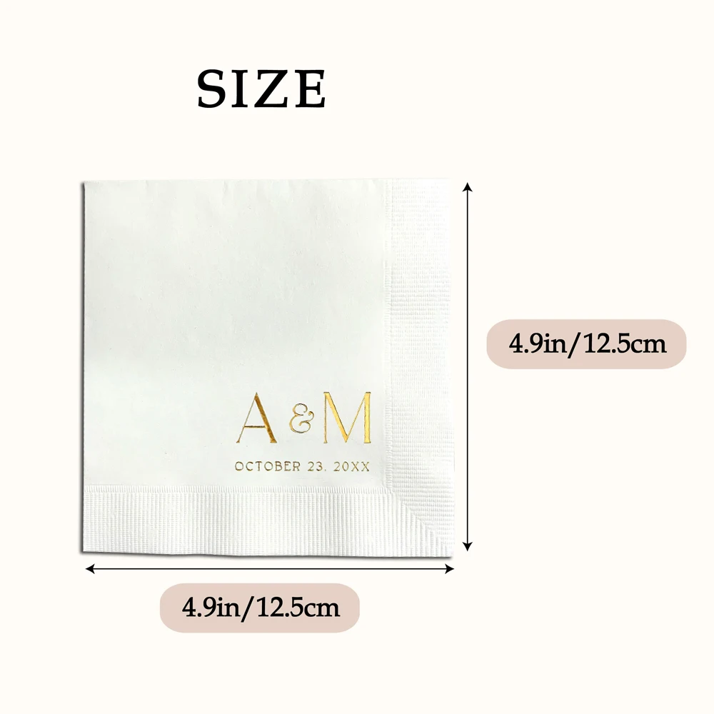 Personalized Wedding Napkins, Custom Cocktail Napkins, Disposable Wedding Paper Napkins, Gold Foil Text White Paper Napkins