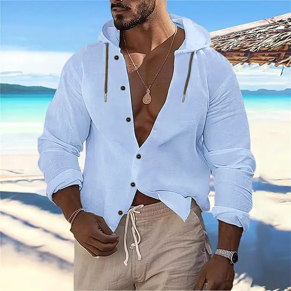 Men's Vacation Hawaiian Hooded ShirtCotton Linen Beach Style ButtonTops Long Sleeve Drawstring Hooded Shirt Casual Button Up
