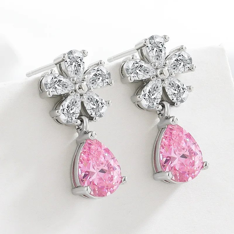 Boucles d'oreilles en argent sterling 925, fleur en cristal, goutte d'eau, diamant rose, design de niche, pour robe de banquet