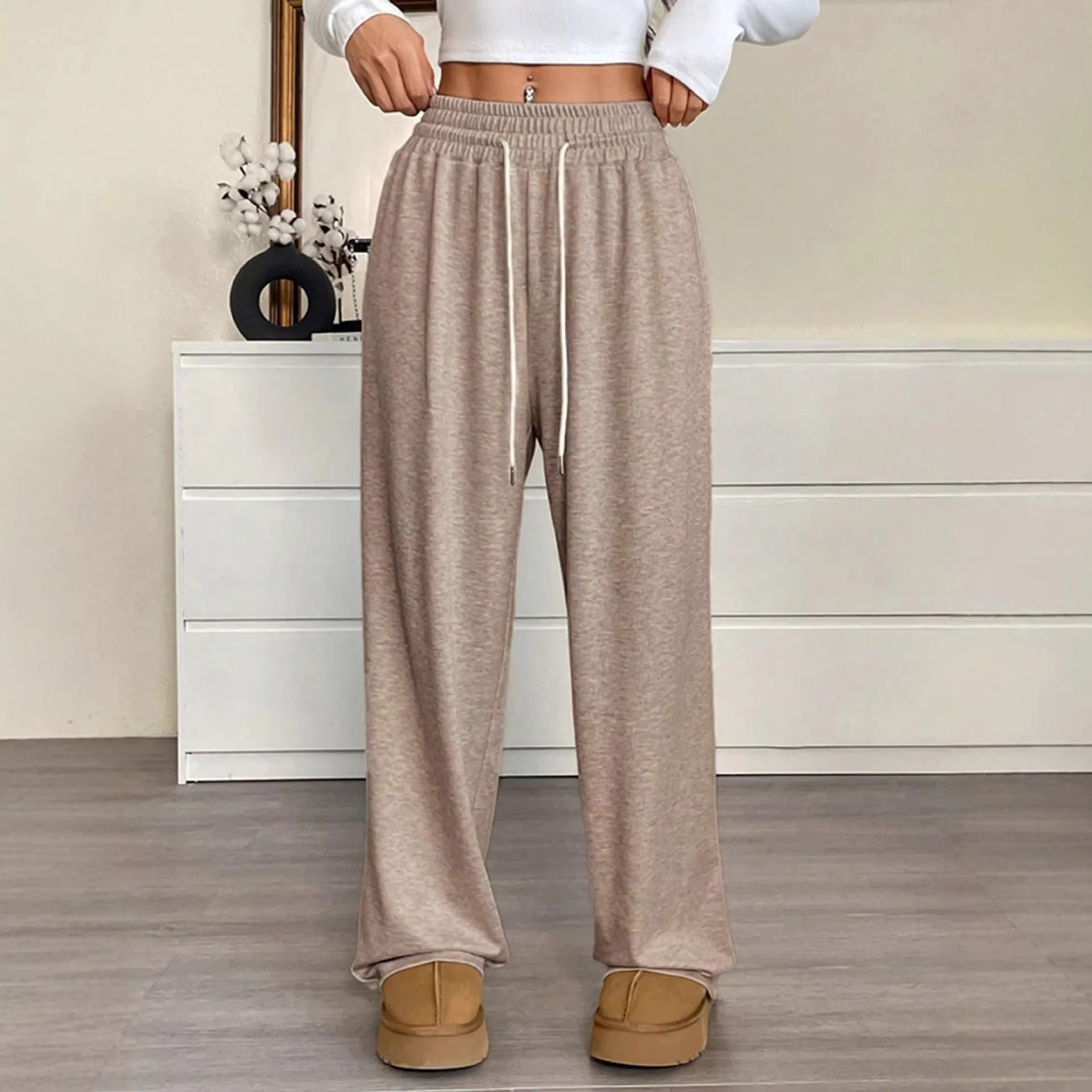 2026 New Casual Straight High-waisted Lace-up Pocket Loose Wide-leg Pants