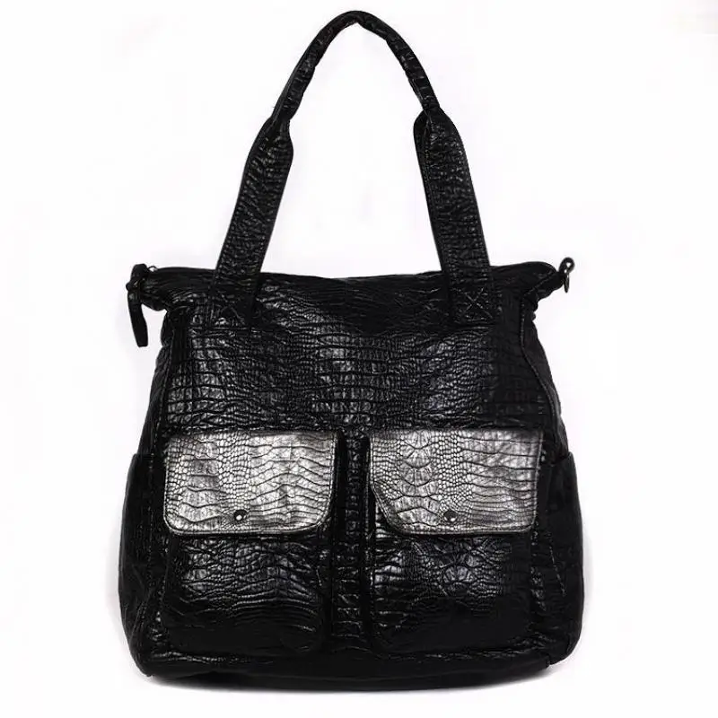 Vintage PU Women Soft Leather Handbags Big Capacity Crocodile Shoulder Bag Hobo Retro Crossbody Bag Black Large Shopper Tote New