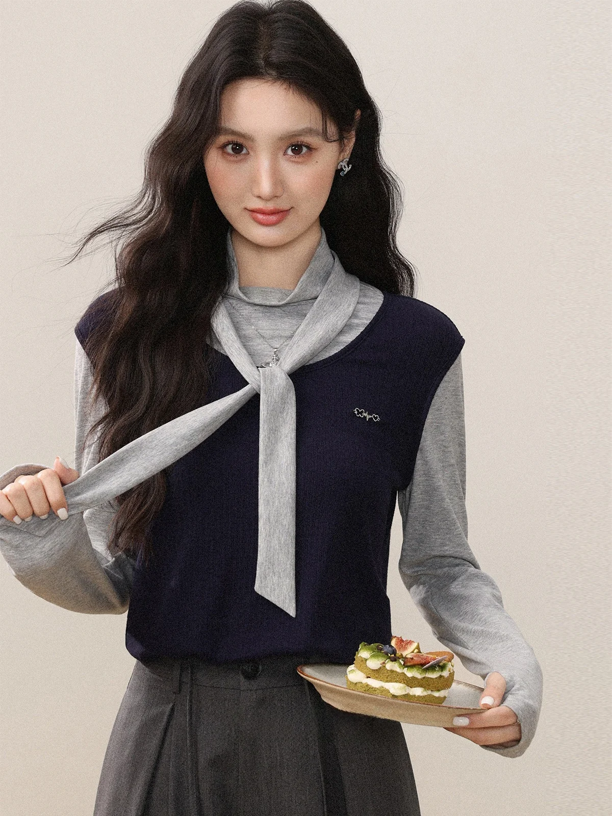 

Zhang Soda 2025 Early Autumn Blue T-irt Women's f High Collar Long Sve Single Wear Fake Two-Piece Casual Loose Fit