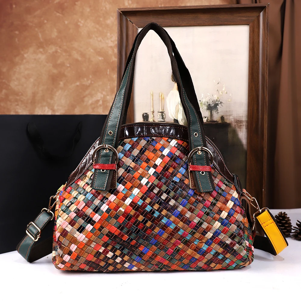 

2025 новый стиль, кожаная сумка ручной работы, большая вместительная повседневная женская сумка через плечо, красочный дизайн в стиле ретро