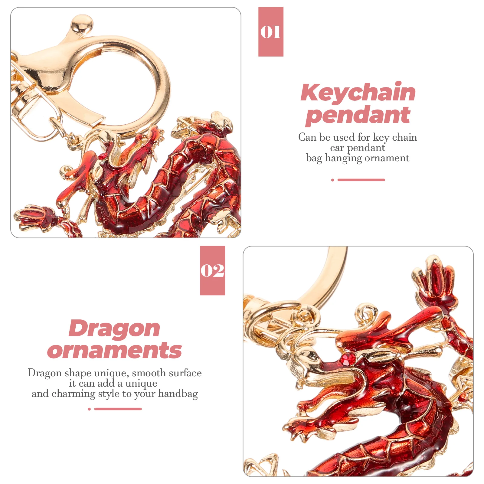 Chinese Dragon Keychain Golden Zodiac Pendant Accessories (Red) Bag Hanging Pendants Animal Wallets Handbag Metal for