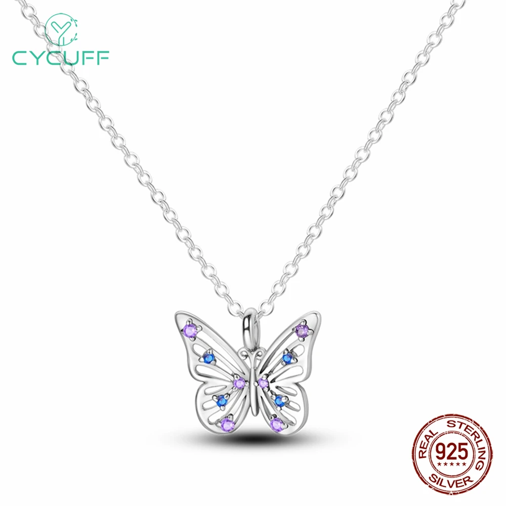 

CYCUFF Blue Purple Openwork Butterfly Pendant Necklace for Women 925 Sterling Silver Necklace Jewelry For Party Wedding Gift