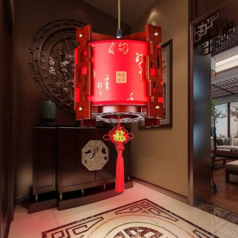Balcony lantern chandelier red festive New Year housewarming teahouse solid wood Chinese wind aisle corridor imitation sheepskin