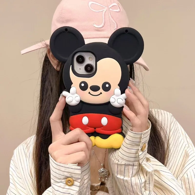 3D Cartoon Mickey Phone Case For iPhone 15 Pro Max 14 13 Y2K Kawaii Soft Silicone Cases Cartoon Shockproof Cover With Lanyard