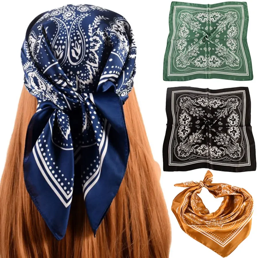 70 cm 70 cm Frauen Luxus Blumen Druck Weiche Satin Kopftuch Haarband Halstuch Kopf Hijab Dame Stirnband Foulard Tasche Band