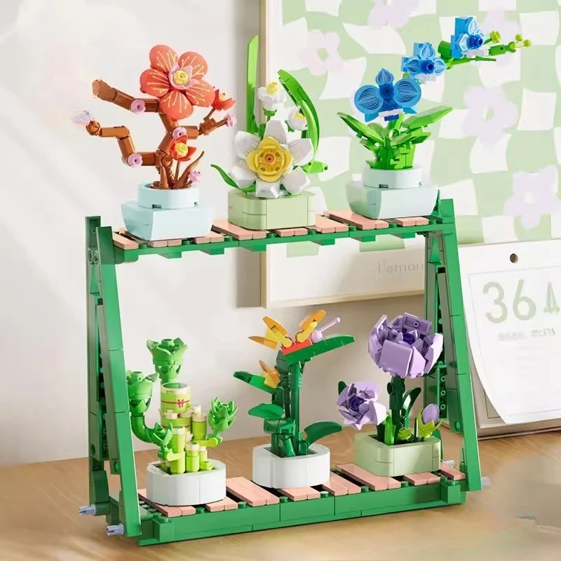 

SEMBO Орхидея Нарцис Строительные блоки Растение в горшке Ручная сборка Багатная бамбуковая модель Цветение сливы Настольный орнамент Подарок