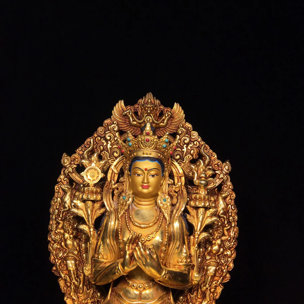 Large Pure Copper Gold Gilt Nepalese Tibetan Maitreya Future Buddha Statue Fine Craft Home Altar