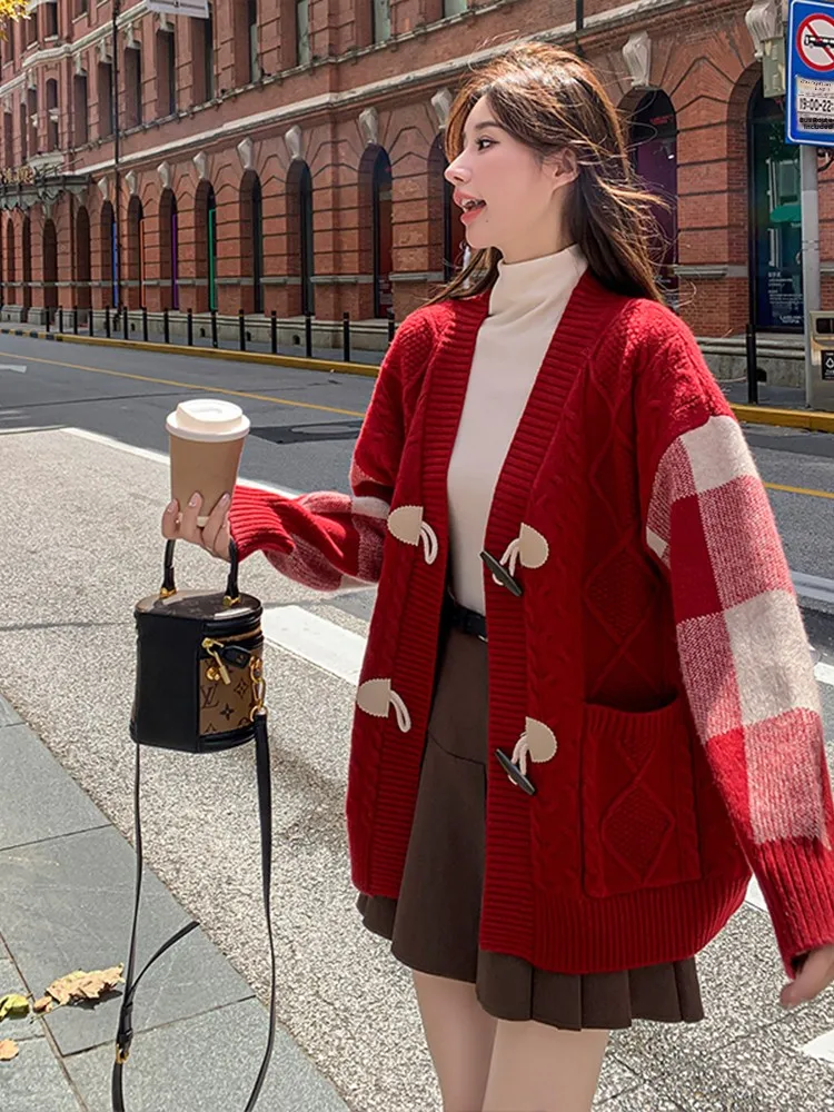 Roter Strickpullover mit Knöpfen für Damen, Frühling 2025, Sweet Sle College Wind Long Sve ort Länge, offene Strickjacke