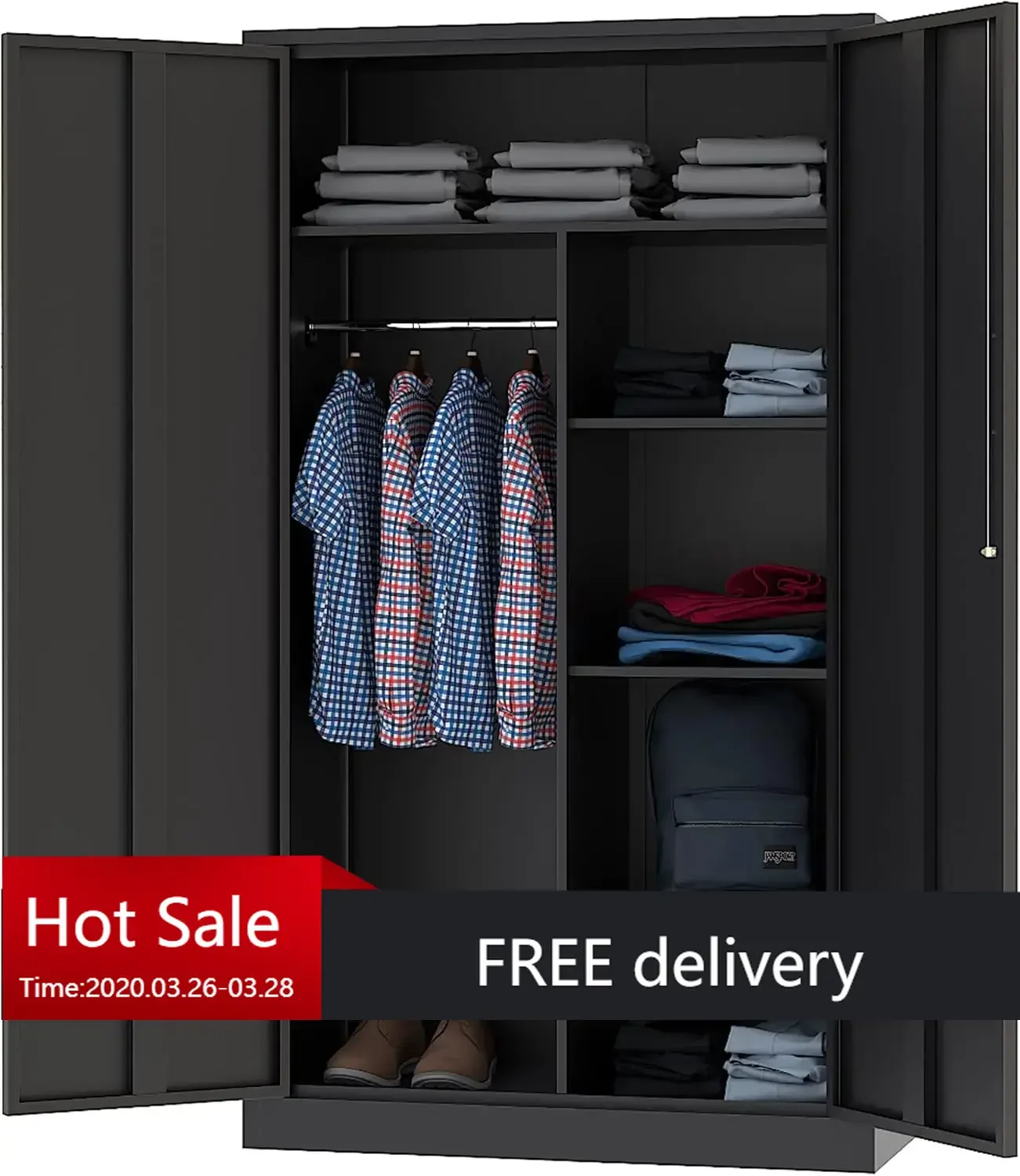 Metal Storage Cabinets Locker with Lock Door, 72'' Clothing Coat Steel Storage Freestanding Wardrobe for Office, Home(Black)