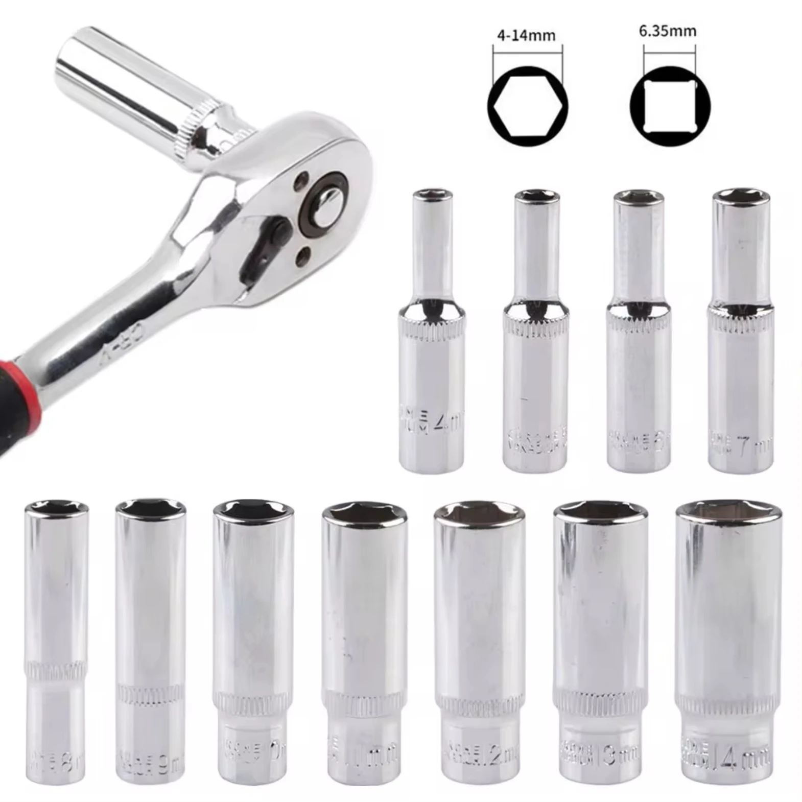 4-14mm Deep Socket set 1/4inch Hex Socket Ratchet Wrench Drive Sockets Adapter Hand Repair Tools 4-5-6-7-8-9-10-11-12-13-14mm