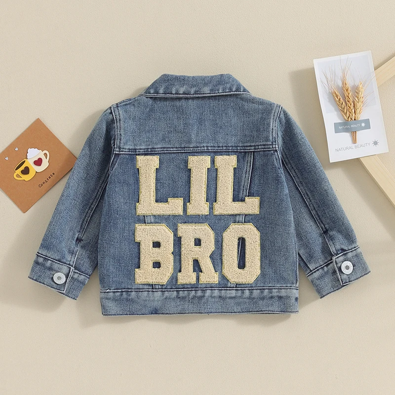 Baby Boys Denim Jacket Back Letter Embroidery Infant Button-Down Jeans Jacket Turn-Down Collar Toddler Coat Outerwear